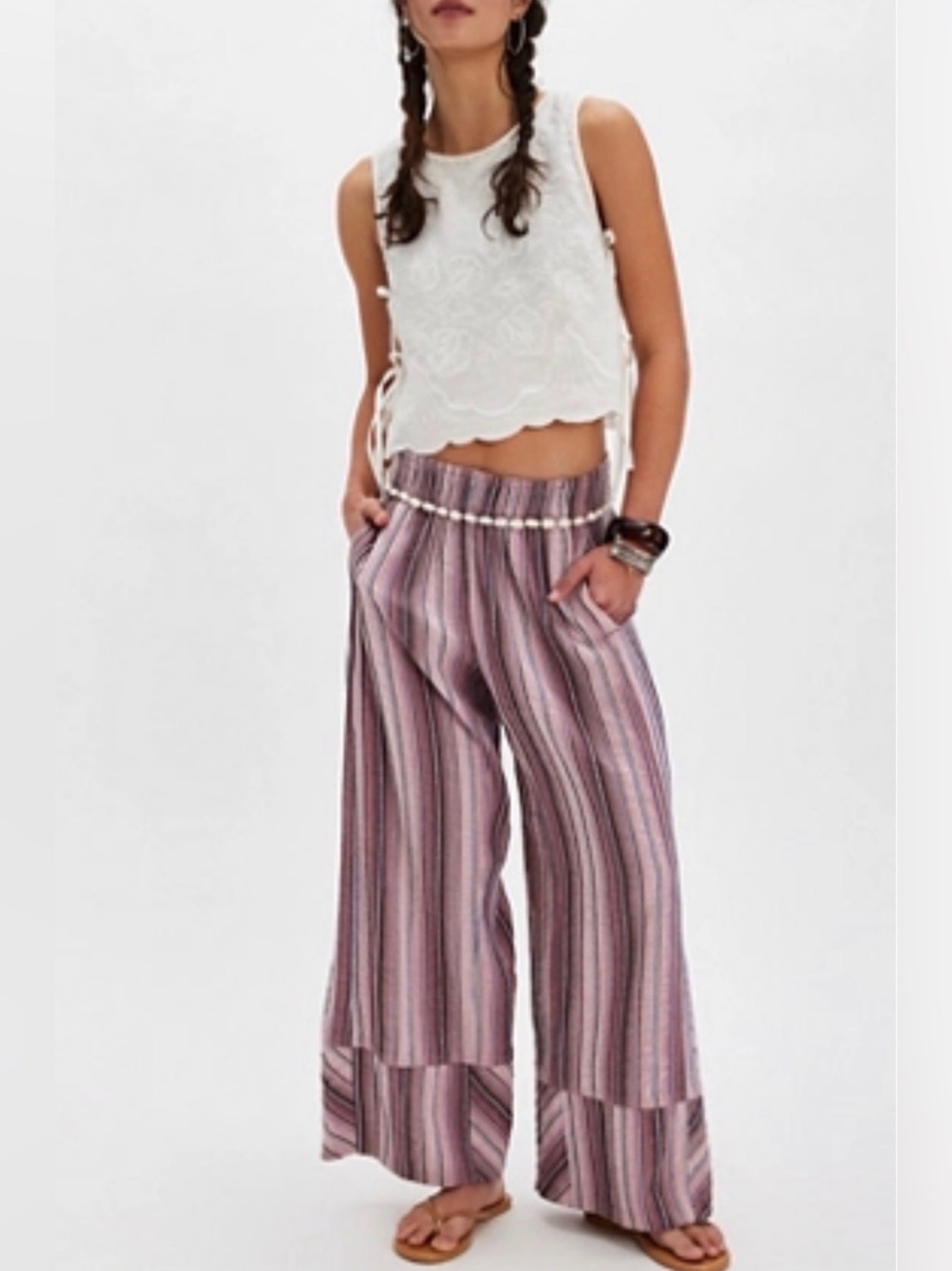 Free People Day's End Linen Striped Pull-On Pants in Mauve Medium